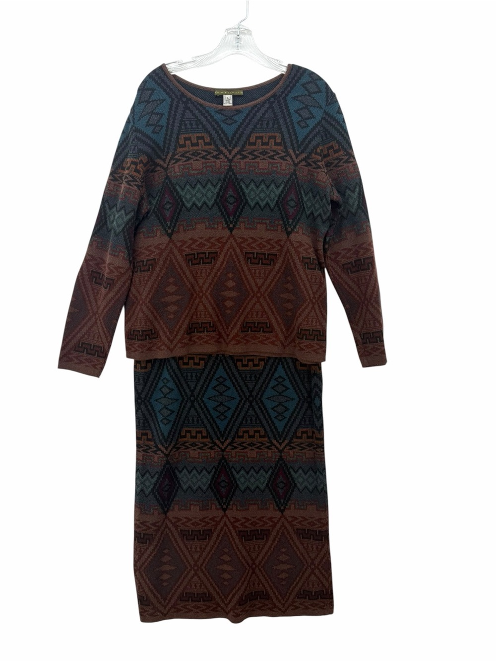 Peruvian Connection Vintage Teal and Brown Geometric Knit Sweater Set for Fall